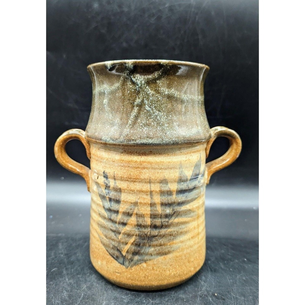 Handmade Studio Art Pottery Handled Vase Crock Brown Leaves Signed Cammou 8"